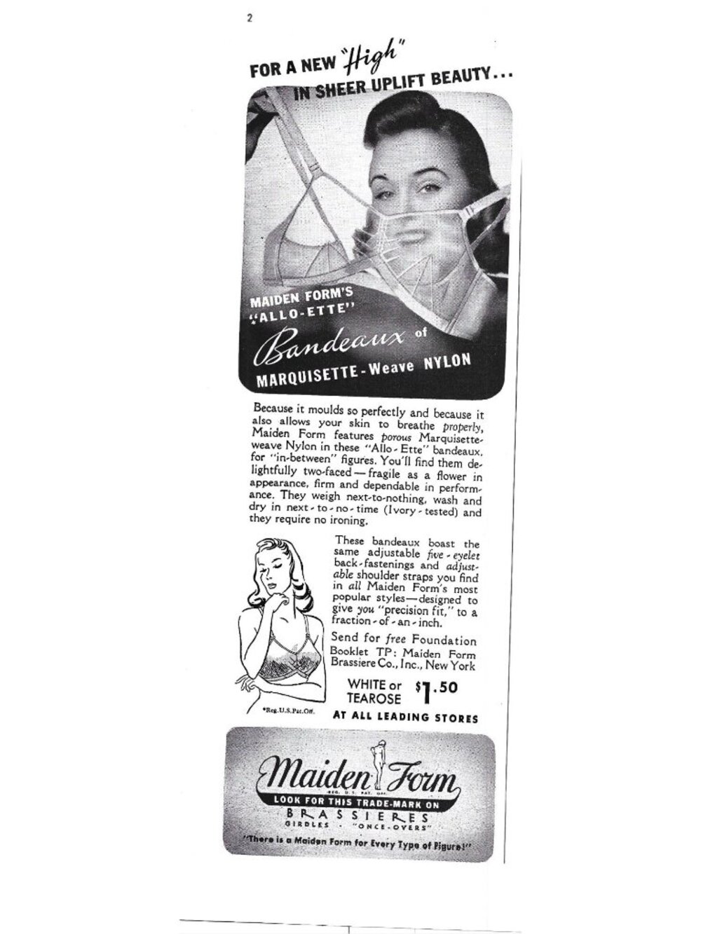 Print Ad Maiden Form Allo-Ette Bandeaux Marquisette Bra Lingerie USA 1941 Vintag